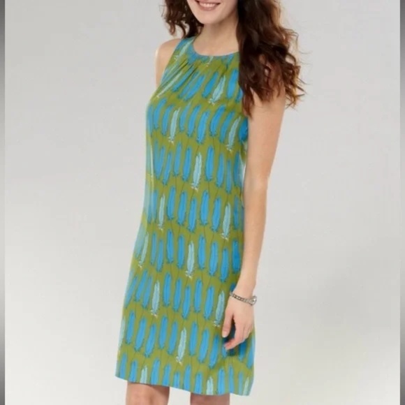 FOSSIL Green Blue Sleeveless Lightweight Feather Shift Lined Dress / Size Large - Picture 1 of 10